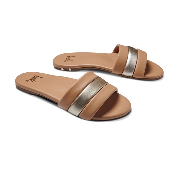 NIB Beek Calibird Honey Brown Platinum Leather Slide Sandals 9 Anthropologie - Picture 2 of 4
